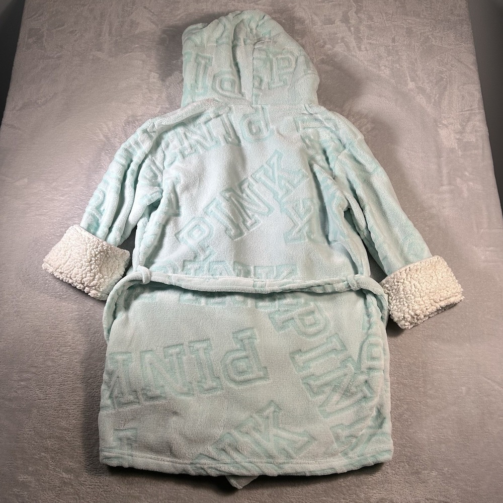 Victorias Secret PINK Plush Fleece Robe ML Mint Green Sherpa Hood Fluffy Belted - Picture 9 of 14
